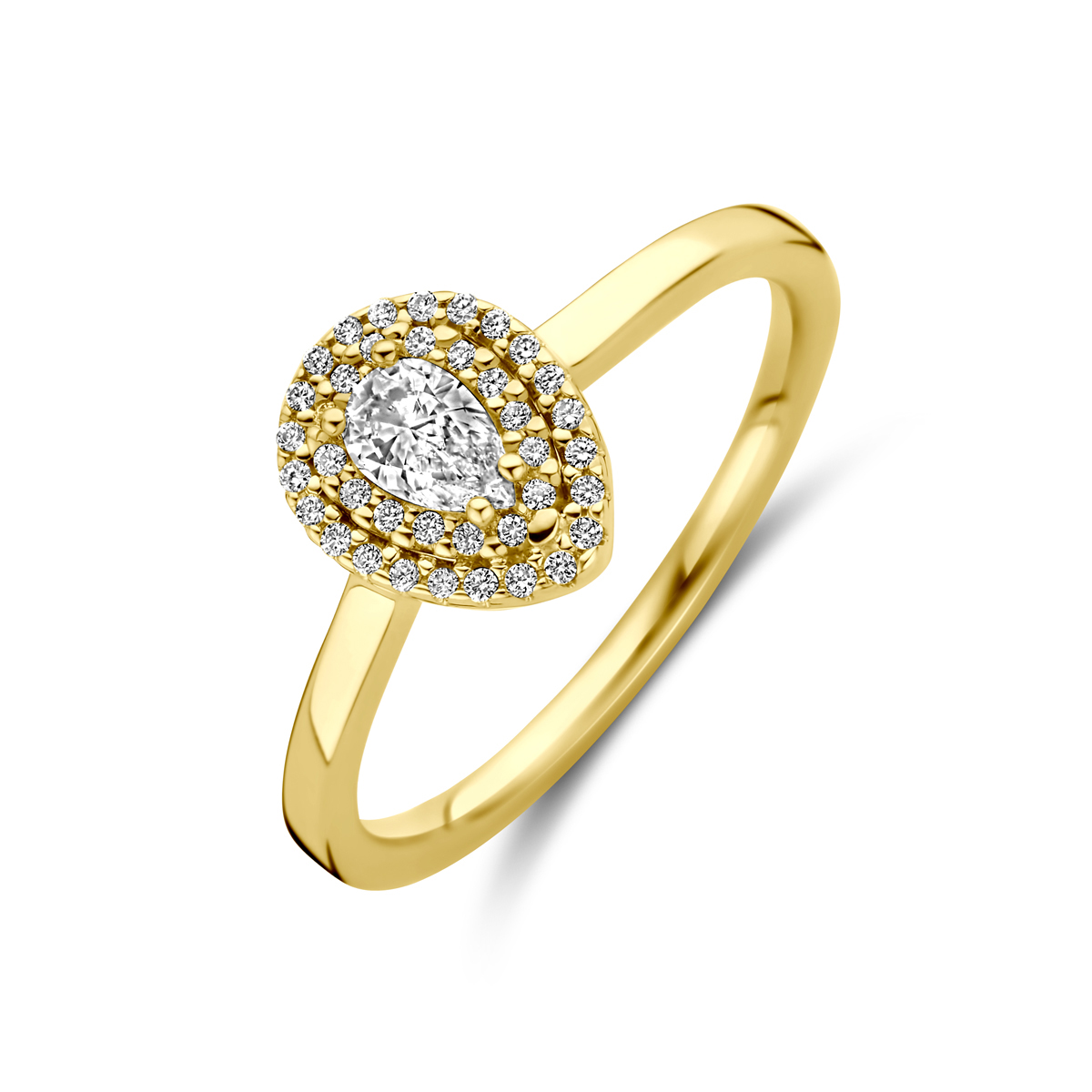 14k Geelgouden ring uitgevoerd met diamant. De ring heeft een breedte van 9.5mm. Het totale diamantgewicht is 0.36ct.