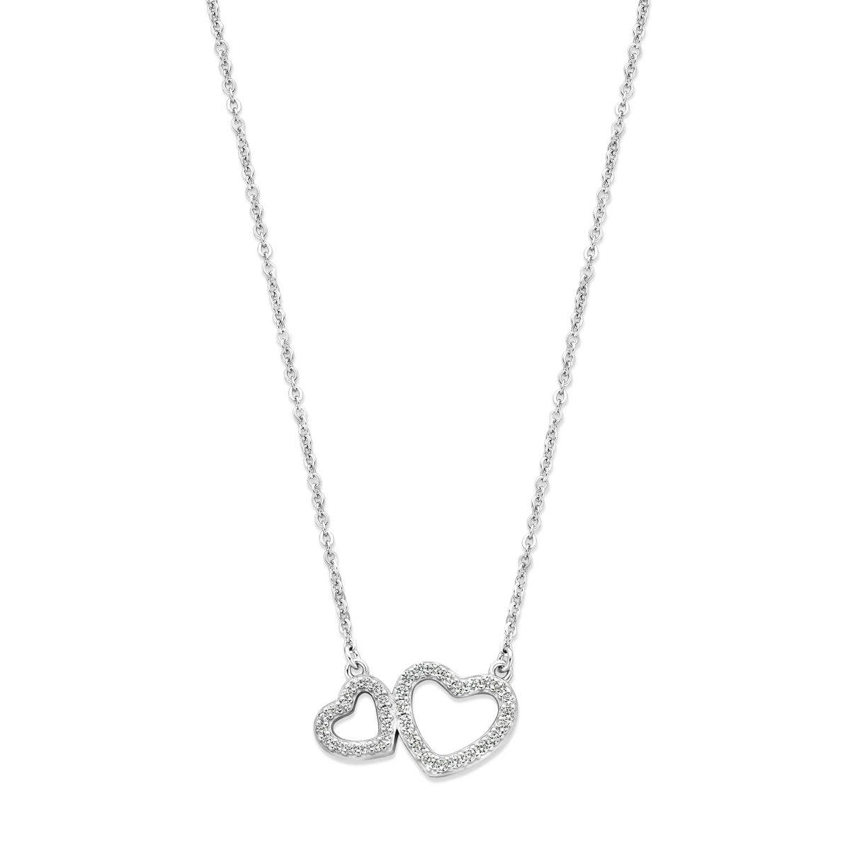 Gerhodineerd 925 zilveren collier uitgevoerd met twee hartjes en zirkonia. Het collier heeft een schakelbreedte van 1.3mm en een draaglengte van 42cm met 3cm extensie.
