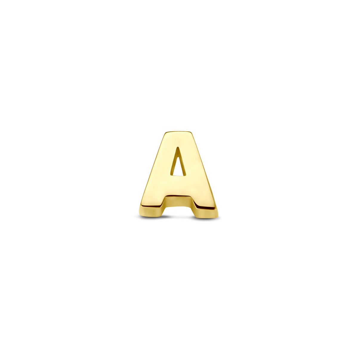 14k Geelgouden hanger uitgevoerd in de letter A. De hanger heeft een afmeting van 5.5x5.0mm.