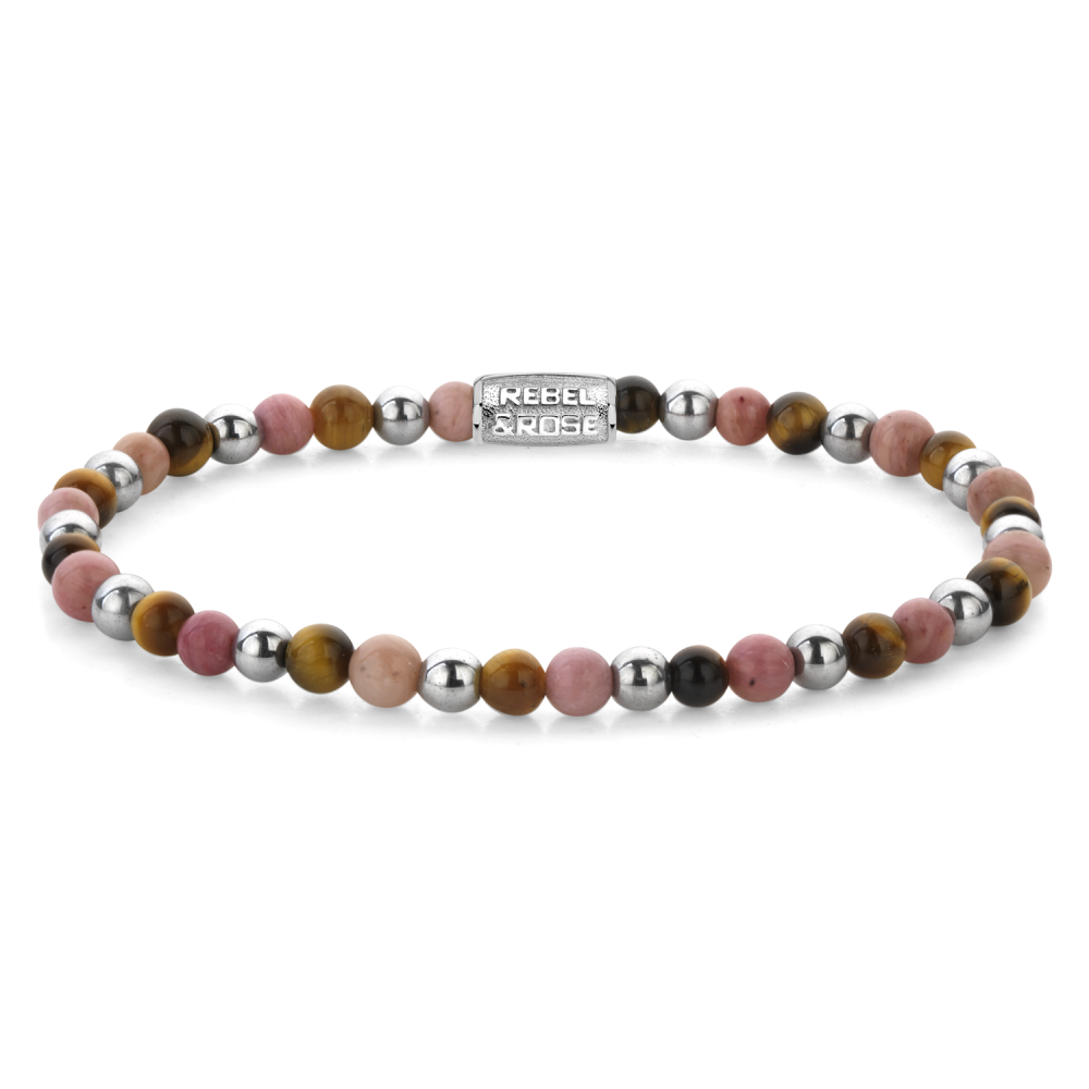 Armband van het merk Rebel & Rose. De armband heeft een hoogwaardige elastische stretch koord, met 4mm kralen van Tijgeroog, Rhodochrosiet, Bronziet.