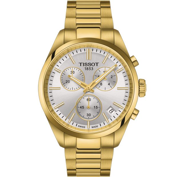 De Tissot PR100 Heren Chronograaf heeft een stijlvol design met een goudkleurige roestvrijstalen kast en armband, een witte wijzerplaat en duidelijke chronograaf functies. Dit horloge is perfect voor elke gelegenheid, of het nu zakelijk of casual is. Draag het met een formeel pak voor een verfijnde uitstraling of combineer het met een casual outfit voor een sportieve touch. Met dit horloge ben je altijd stijlvol en punctueel.