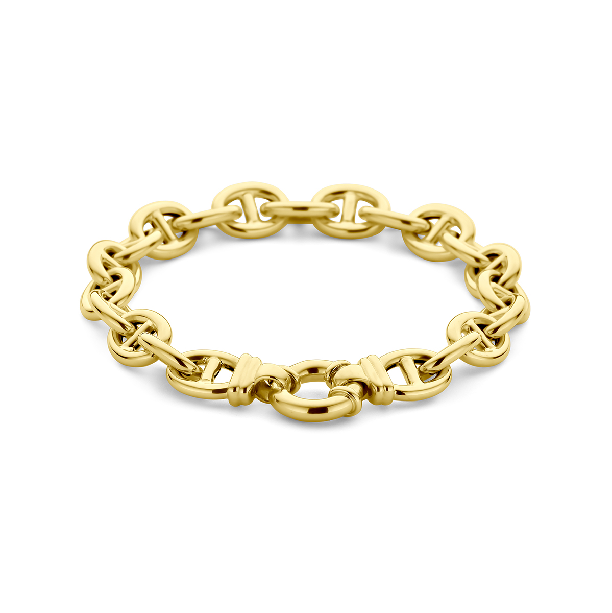 14k Geelgouden armband uitgevoerd met een groot veerslot. De armband heeft een draaglengte van 20.5cm. De schakelbreedte is 10 mm.