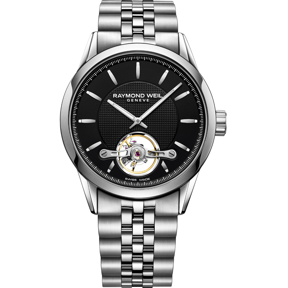 Dit prachtige horloge van Raymond Weil heeft een diameter van 42mm en is voorzien van saffierglas en een automatisch uurwerk. Het is horloge is voorzien van een Zwitsers uurwerk en met een open hart op de diepzwarte wijzerplaats  