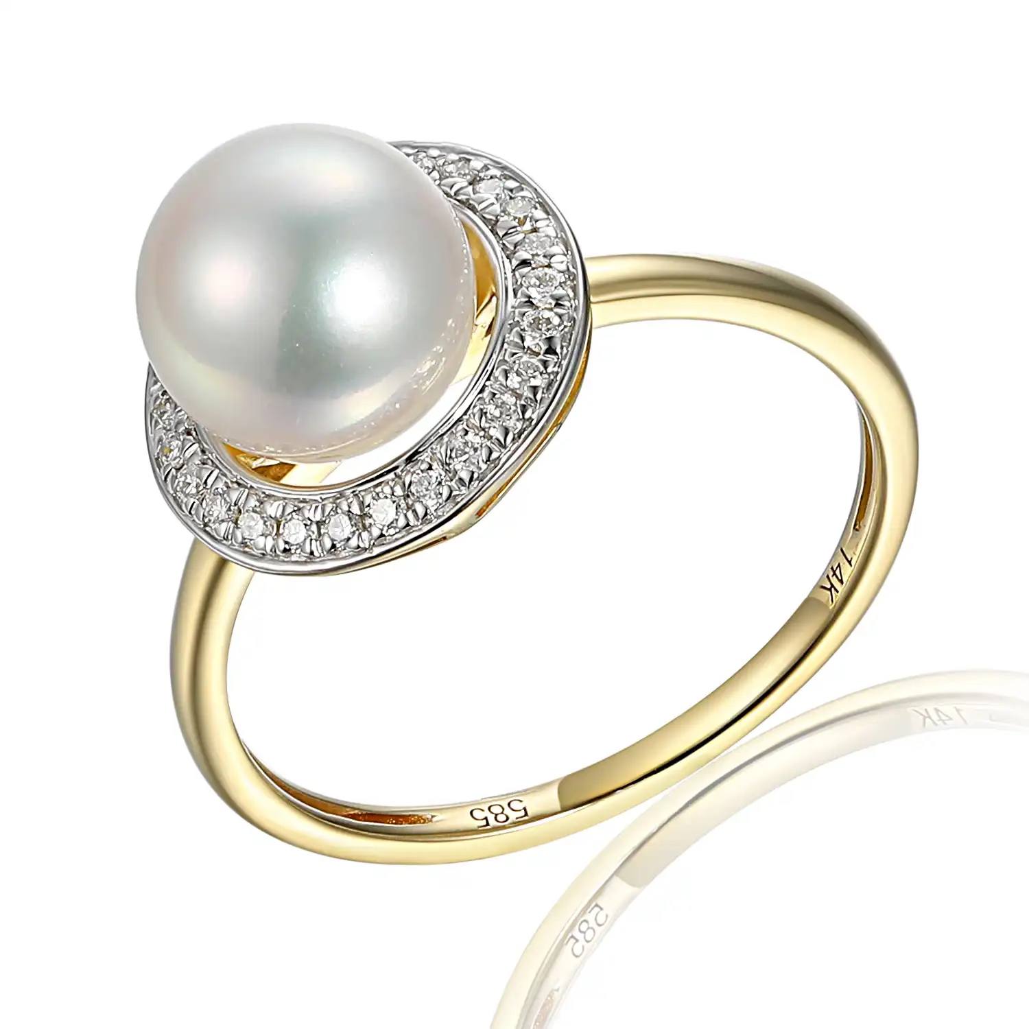 Gouden ring 14 k met parel en diamant 26-0.13 H SI