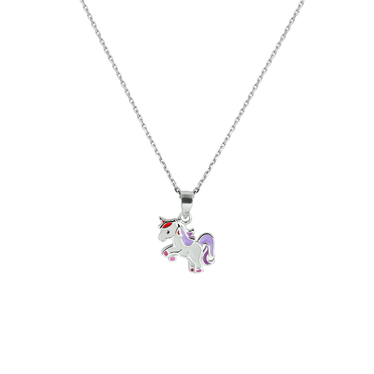 Schattig gerhodineerd zilveren kindercollier met een eenhoorn hanger van 12.5x11.5mm. De lengte bedraagt 36cm met een 4cm extensie en de schakelbreedte is 1.1mm. Info: Gerhodineerd zilver is door de rhodiumlaag beter bestand tegen verkleuren en krassen.