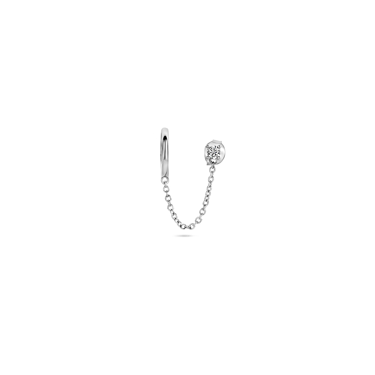 Gerhodineerd zilveren oorknop met klapoorring voor meerdere gaatjes met een totale lengte van 4.5cm. Uitgevoerd met zirkonia. De oorknop wordt per stuk verkocht.