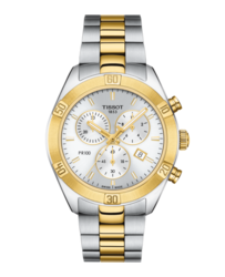 Na het succes van de Tissot PR 100 Sport Chic, wordt de serie nu uitgebreid met een sportieve chronograaf. Met een royale kastmaat van 38 mm is het één van de grotere horlogemodellen en zorgt het voor een opvallende look. Het ontwerp is zowel robuust als mooi gestroomlijnd en wordt gekenmerkt door de brede bezel en de eenvoudigere band. De PR100-collectie straalt kracht uit, zonder verlies van de vrouwelijke esthetiek. De indices en wijzers hebben een praktische lichtgevende coating voor optimale leesbaarheid.
Fans van minimalisme zullen zich aangetrokken voelen tot de no-nonsense wijzerplaat. Terwijl anderen, die een vleugje luxe niet kunnen weerstaan, de parelmoeren wijzerplaten en diamantindices waarderen.
Dit damesmodel uit de Tissot PR 100 Sport Chic Lady Chronograph Collection heeft een 316L roestvrijstalen kast en een zilverkleurige wijzerplaat met goudkleurige indexen. Kenmerken van deze sportieve versie zijn een Swiss Made Quartz-uurwerk, krasbestendig saffierglas en een datumdisplay. De wijzers en indices zijn bedekt met Superluminova. De prachtige 316L roestvrijstalen bi-color armband heeft een vouwgesp met drukknoppen.