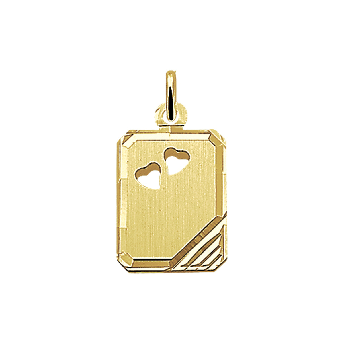Beschrijving: Geelgouden graveerhanger met een gediamanteerde afwerking. 
Verpakt per: 1
Doelgroep: unisex
Breedte: 14 mm
Hoogte: 18 mm