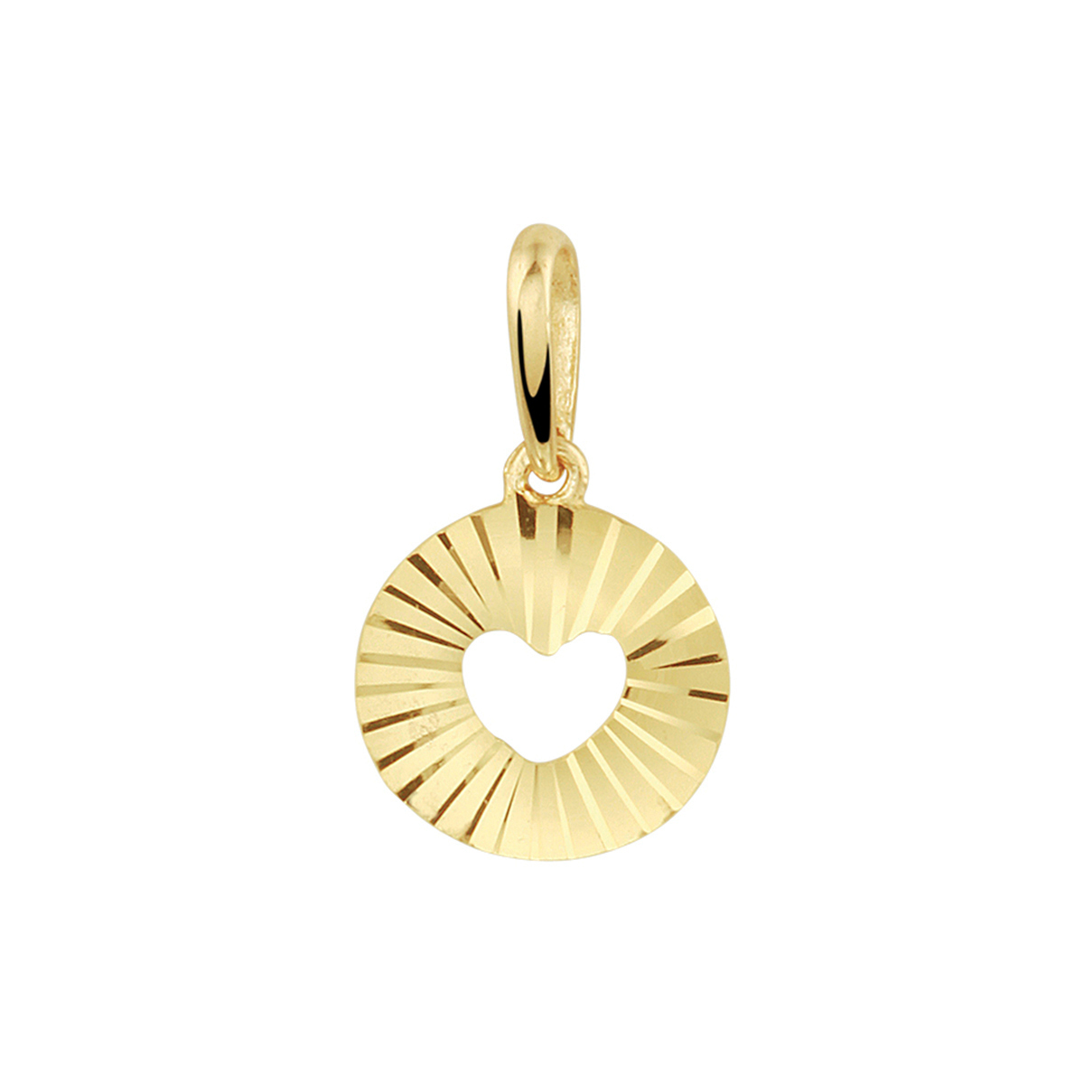 14k Geelgouden hanger uitgevoerd met een open hartje en een gediamanteerde afwerking. De hanger heeft een diameter van 8.5mm.