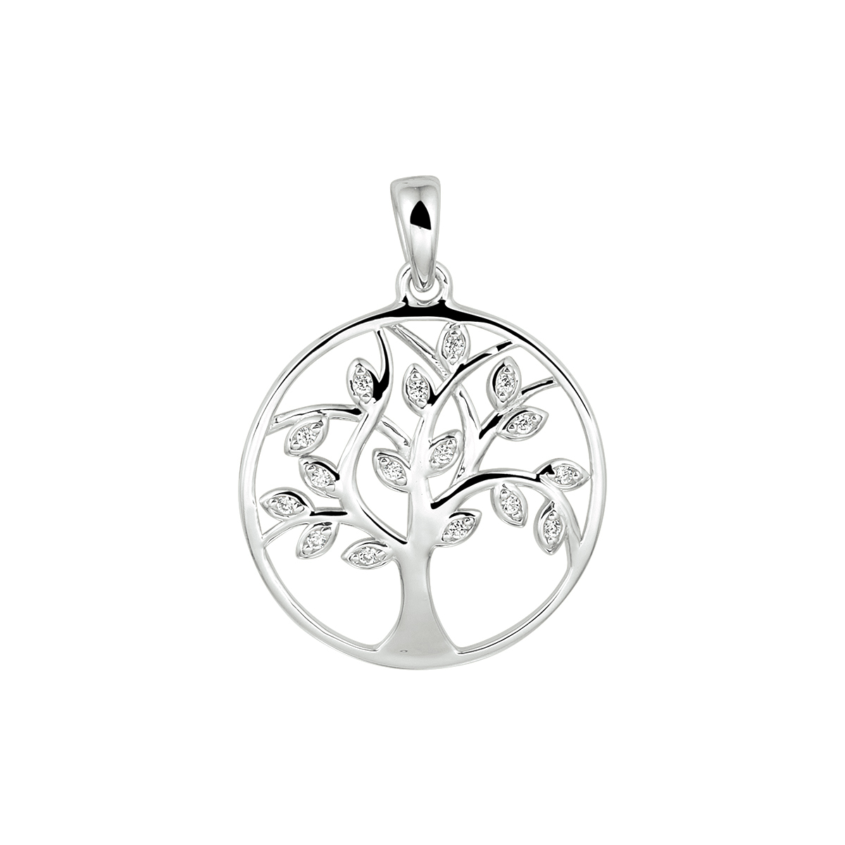 Gerhodineerd 925 zilveren hanger uitgevoerd met een levensboom en schitterend zirkonia. De hanger heeft een totale hoogte van 2cm en een diameter van 19.5mm.