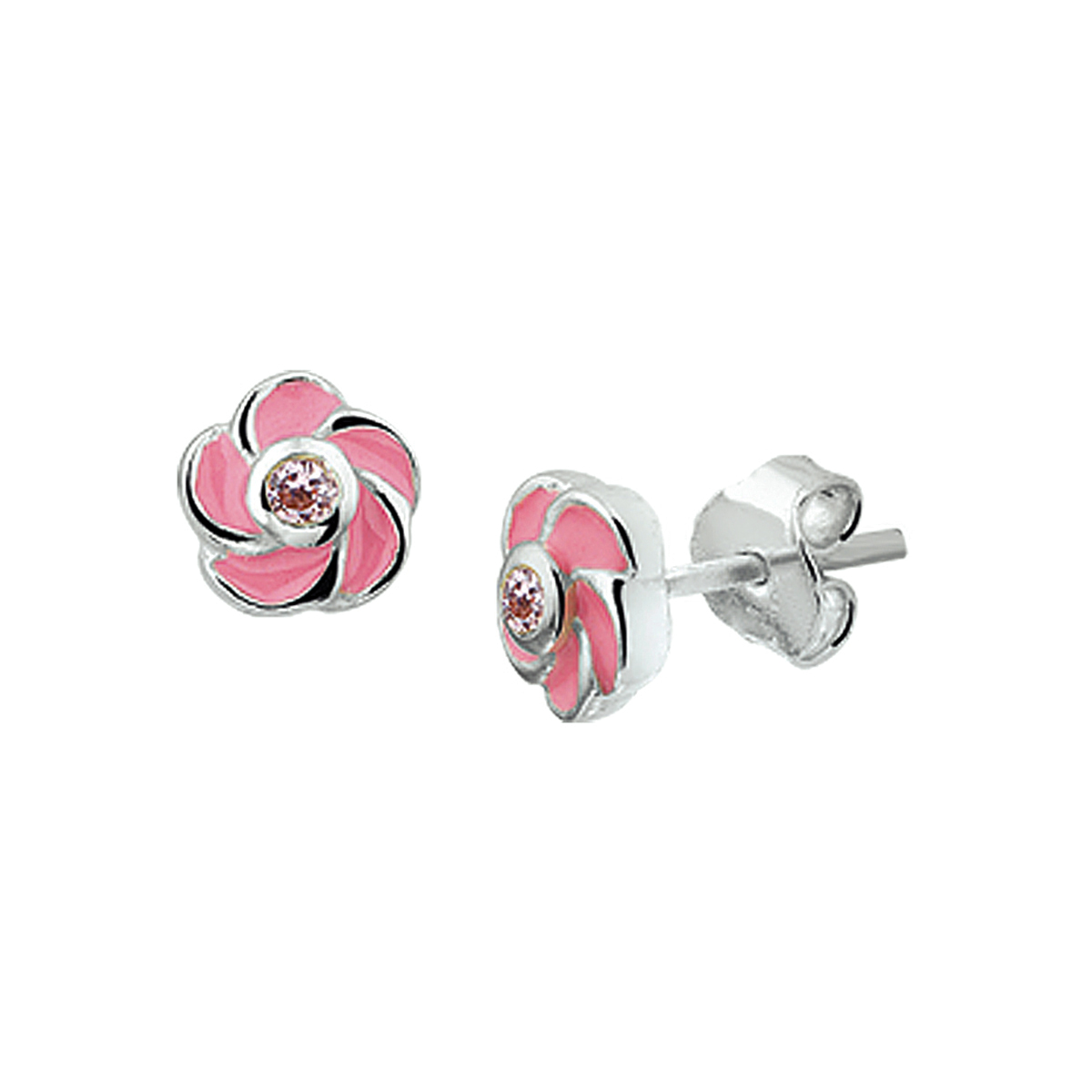 Zilveren oorknoppen met een bloem van roze emaille. De oorknoppen zijn onderdeel van een set.
