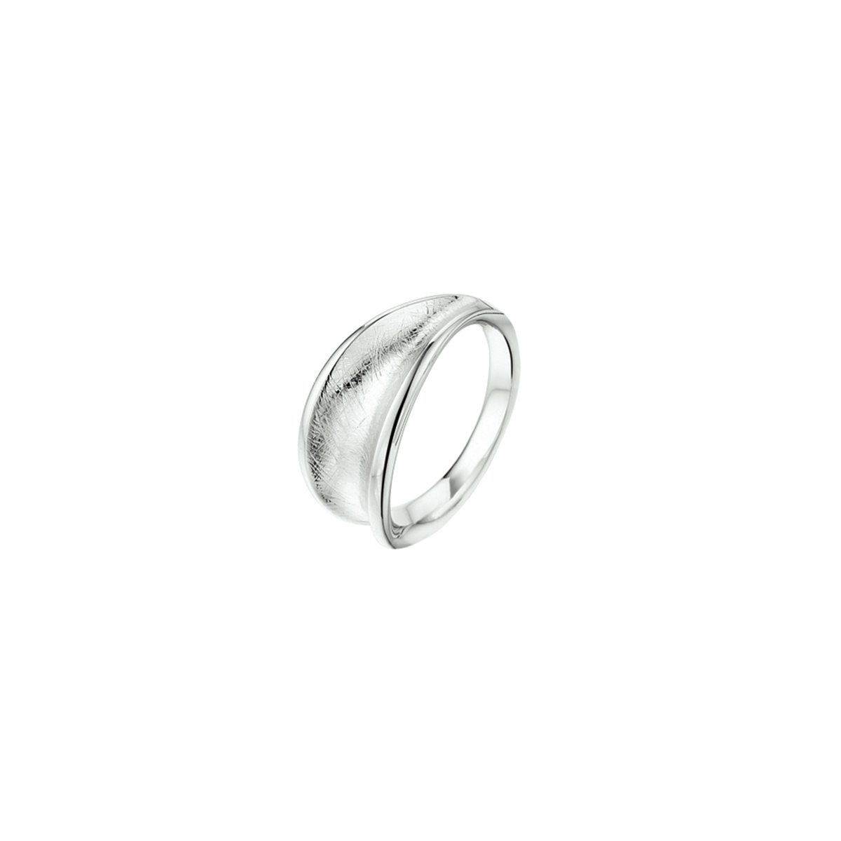 Gerhodineerd zilveren ring met een poli/gescratchte afwerking. 
Uniekenummer serie: 31121
Doelgroep: dames
Ringmaat: 17.75 mm (56)
Breedte: 9 mm