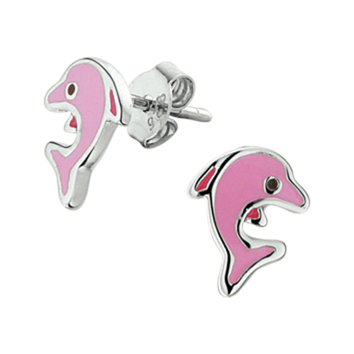 Gerhodineerd zilveren in roze uitgevoerde dolfijn oorknoppen met een afmeting van 10x7.5mm. Deze oorknoppen zijn perfect te combineren met bijpassende sieraden uit onze collectie.