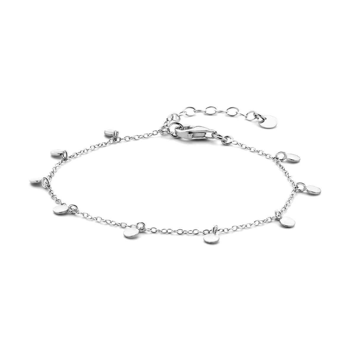 Gerhodineerd 925 zilveren armband uitgevoerd met rondjes. De armband heeft een draaglengte van 16cm met een extensie van 3cm en een stevige karabijn sluiting. De rondjes hebben een diameter van 3mm.