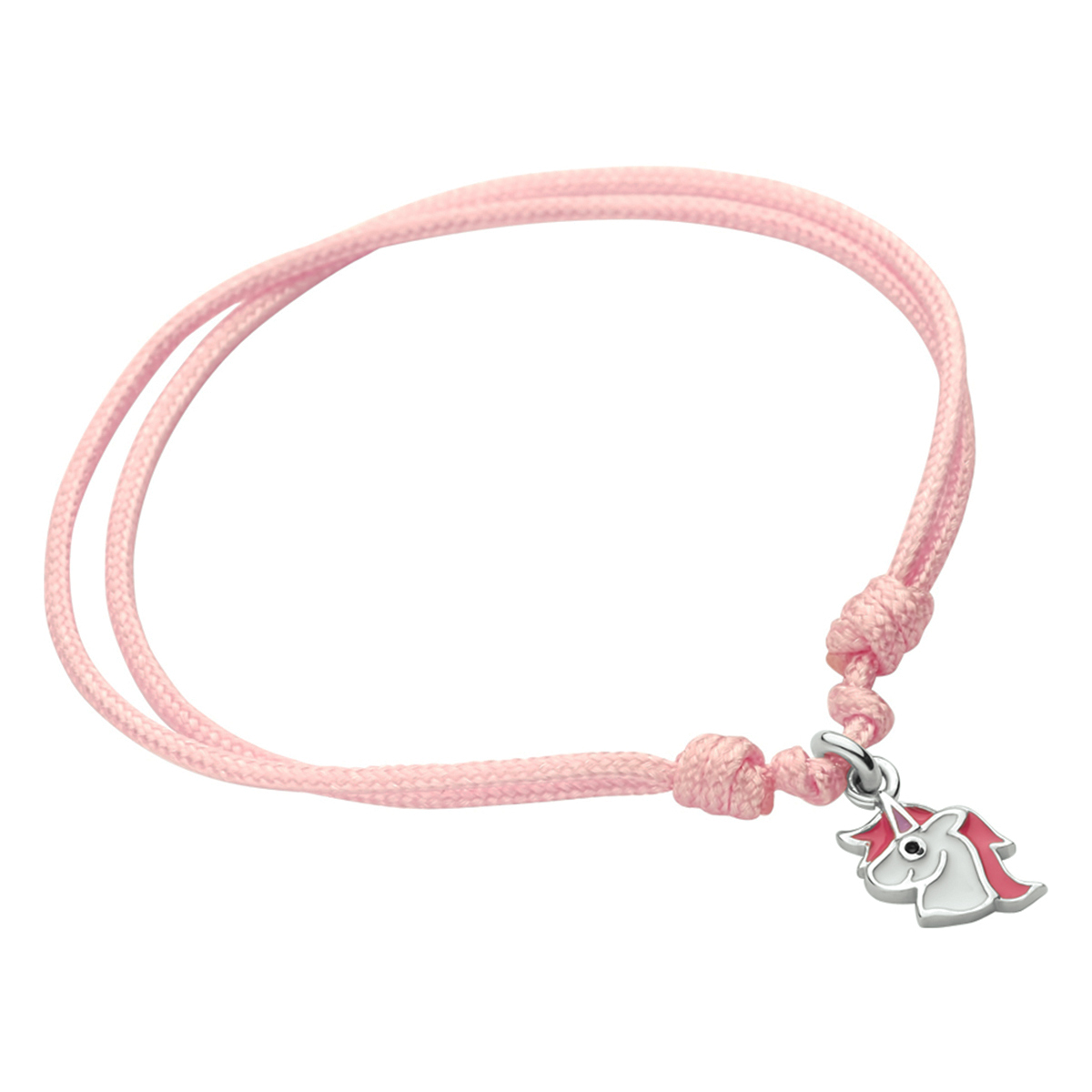 Roze gevlochten armband uitgevoerd met een hanger in de vorm van een eenhoorn. De armband heeft draaglengtes van 9 tot 19cm. De hanger heeft een afmeting van 10x5.5mm.