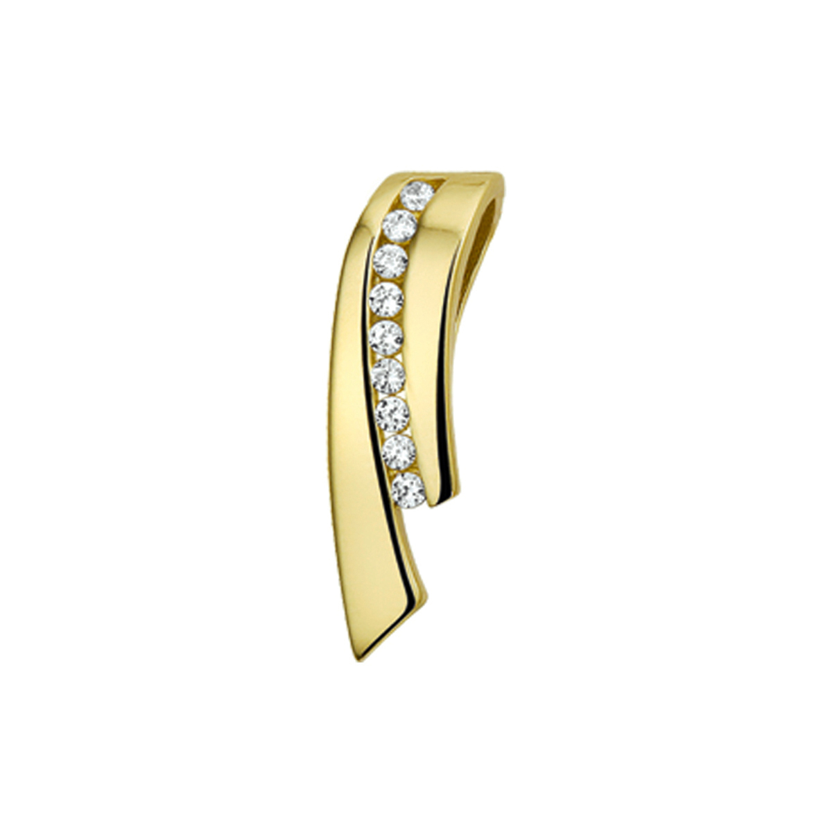14-karaats geelgouden hanger met zirkonia.
Breedte: 5.5 mm. Hoogte: 20 mm
Bijpassende oorringen en ring mogelijk.