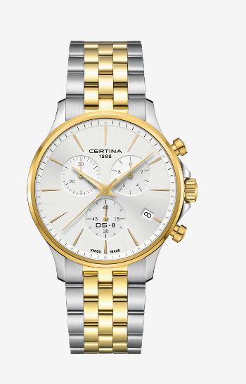 Certina horloge DS-8, bi-co chronograaf
DS-8 Chrono
Quartz uurwerk, Zilver, PVD-coating, Roestvrij staal 316L, 41mm
Referentie: C045.417.22.031.00