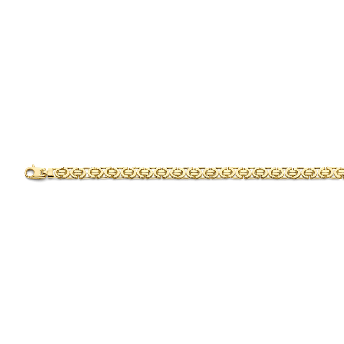 Deze schitterende geelgouden platte koningsschakel armband is gemaakt van hoogwaardig materiaal en heeft een tijdloos design. De armband is perfect voor zowel een casual als een formele look en kan gecombineerd worden met andere sieraden voor een trendy uitstraling. Draag de armband alleen of gelaagd voor een unieke en stijlvolle look. Deze must-have accessoire is een echte eyecatcher voor elke gelegenheid.