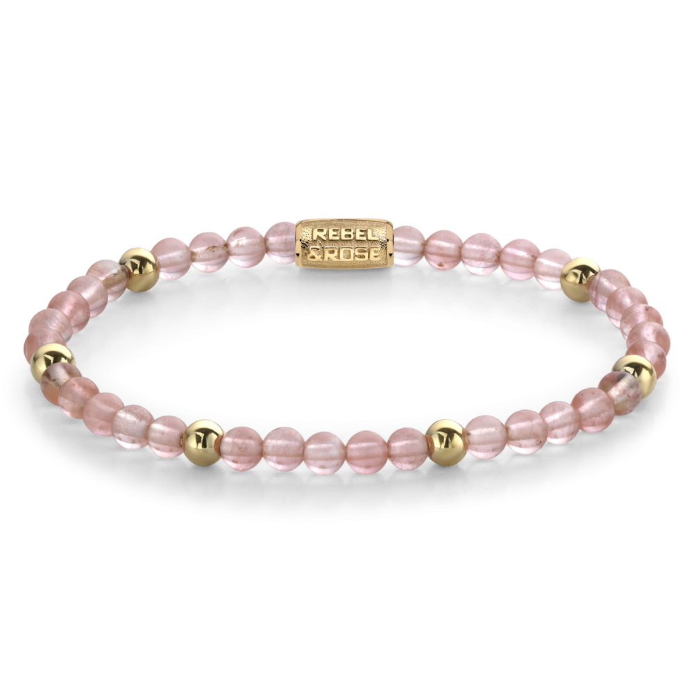 Edelstenen bead armband, handgemaakt van 4mm stenen met een 18 karaat goud ion-plated edelstalen sluiting. Het Rebel & Rose sieraad is makkelijk te combineren met andere zilveren, leren of kralenarmbanden.