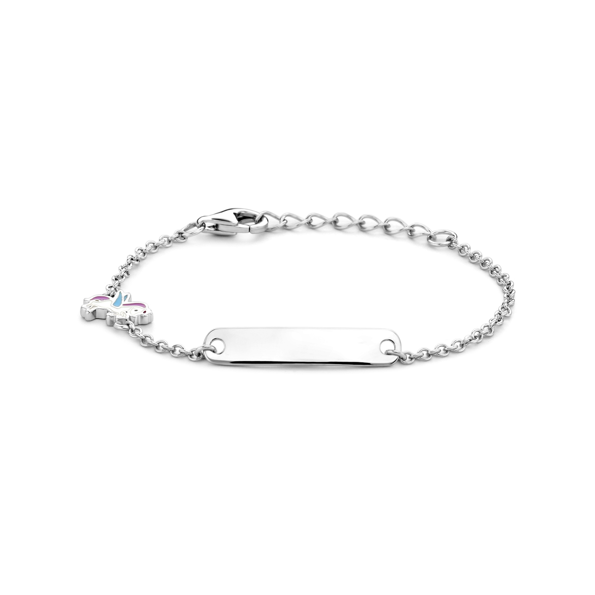 Gerhodineerd 925 zilveren graveerarmband uitgevoerd met een eenhoorn. De armband heeft een schakelbreedte van 1.5mm en een draaglengte van 11cm met 2cm extensie. De graveerplaat heeft een afmeting van 4.5x21mm en een dikte van 0.6mm.