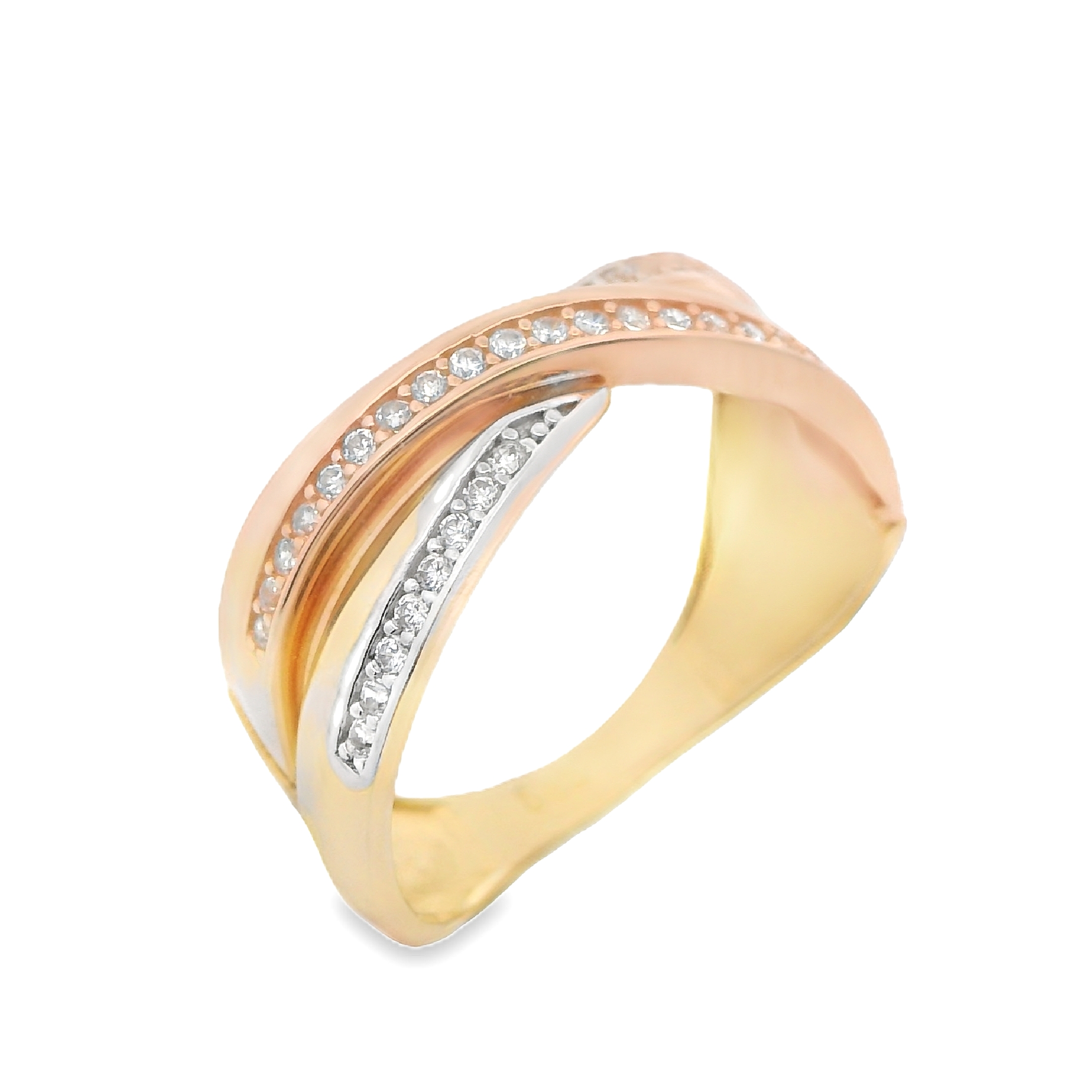 Deze ring van Louis Bros is vervaardigd uit 14 karaat tricolor (2.75 gr.).
Deze ring straalt elegantie en verfijning uit met zijn unieke combinatie van geel, wit en roségoud. Deze schitterende ring, versierd met sprankelende zirkonia's, vangt het licht op een betoverende manier en voegt een vleugje glamour toe aan elke outfit. Het verfijnde design van de ring accentueert de verschillende kleuren goud en creëert een harmonieus en stijlvol geheel. Ideaal voor speciale gelegenheden of als dagelijks statementstuk, deze tricolor gouden ring is een tijdloos sieraad dat elke drager een gevoel van luxe en klasse biedt.
De ring is verkrijgbaar in meerdere afmetingen.