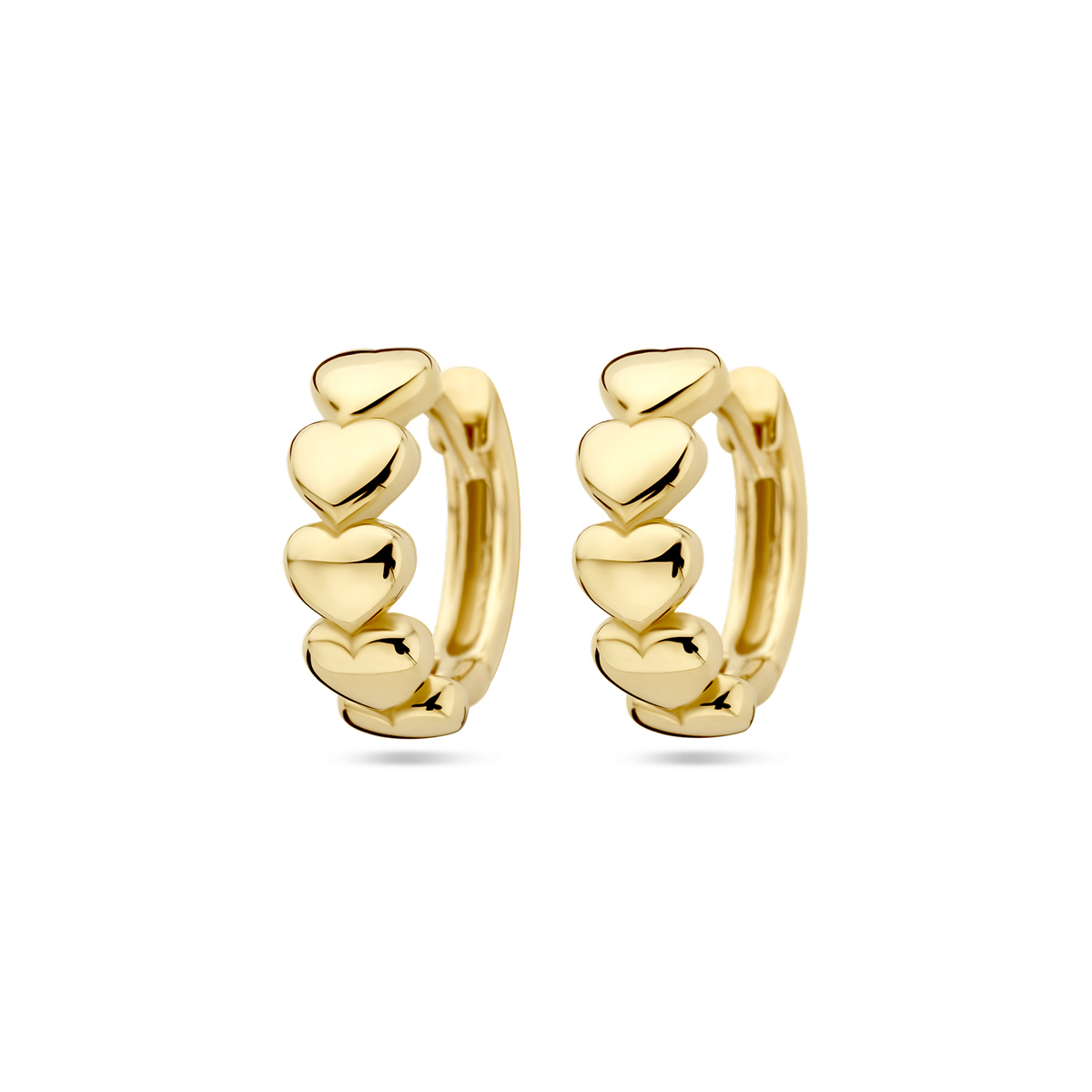 14k Geelgouden klapoorringen uitgevoerd met hartjes. De afmetingen zijn 12,5mm x 4mm.