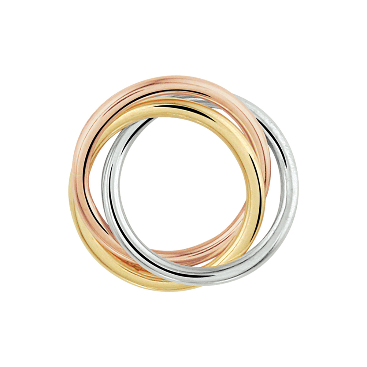Tricolor 14k geel-, rose en witgouden hanger bestaande uit drie in elkaar gedraaide ringen. De ringen hebben een diameter van 10mm en een dikte van 1mm.