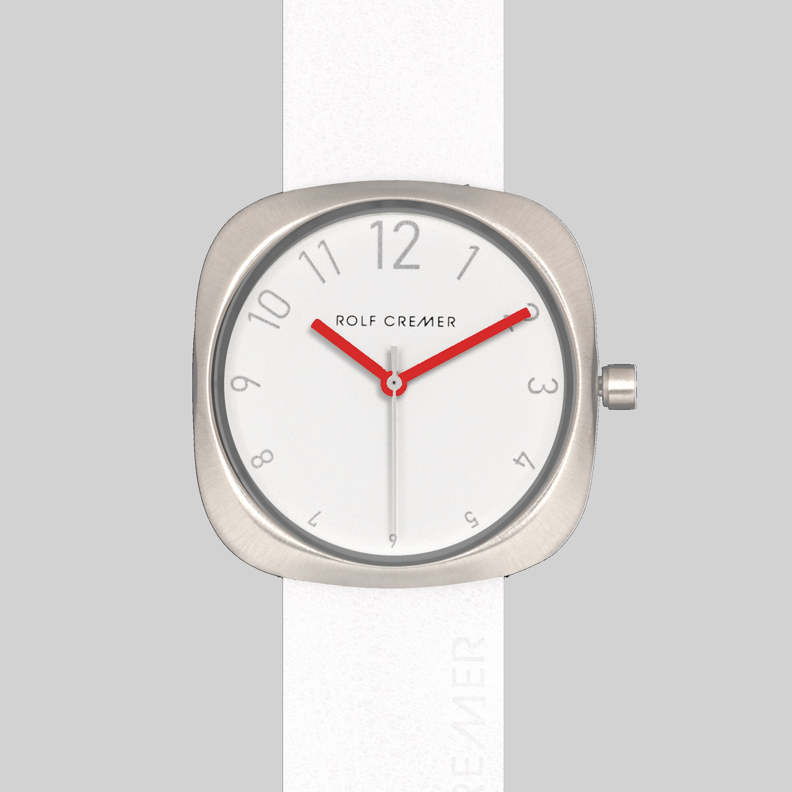 Vierkant horloge met witte wijzerplaat en rode accenten, wit leren band.