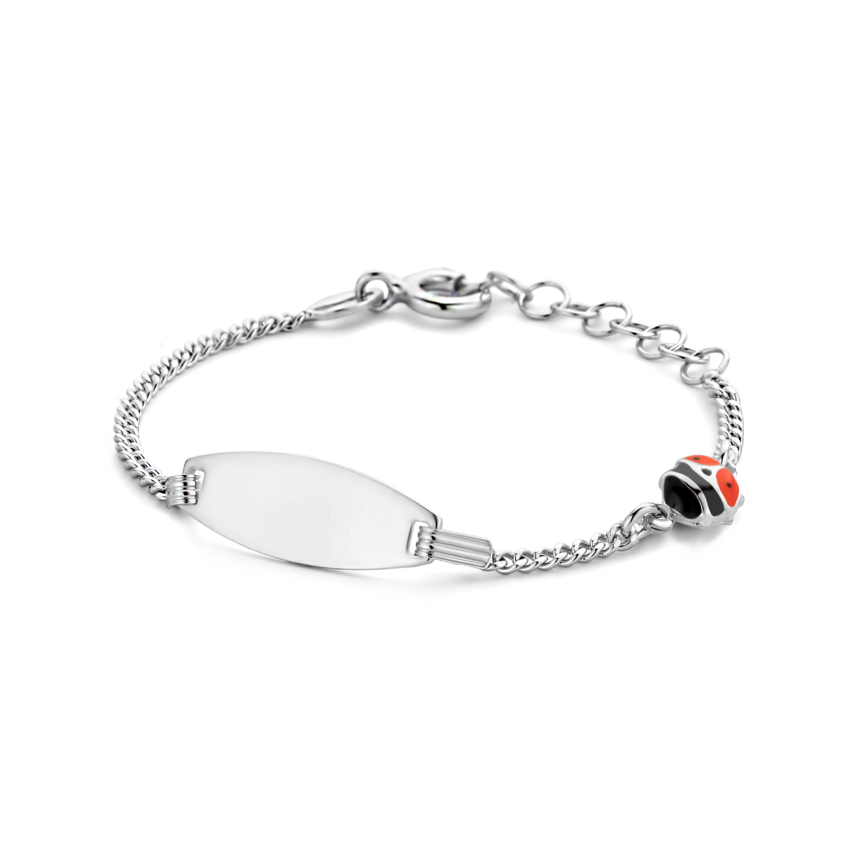 Gerhodineerd 925 zilveren graveerarmband uitgevoerd met een lieveheersbeestje. De armband heeft een draaglengte van 11cm en een extensie van 2cm. De schakelbreedte is 1.6mm. De graveerplaat heeft een dikte van 0.5mm.
