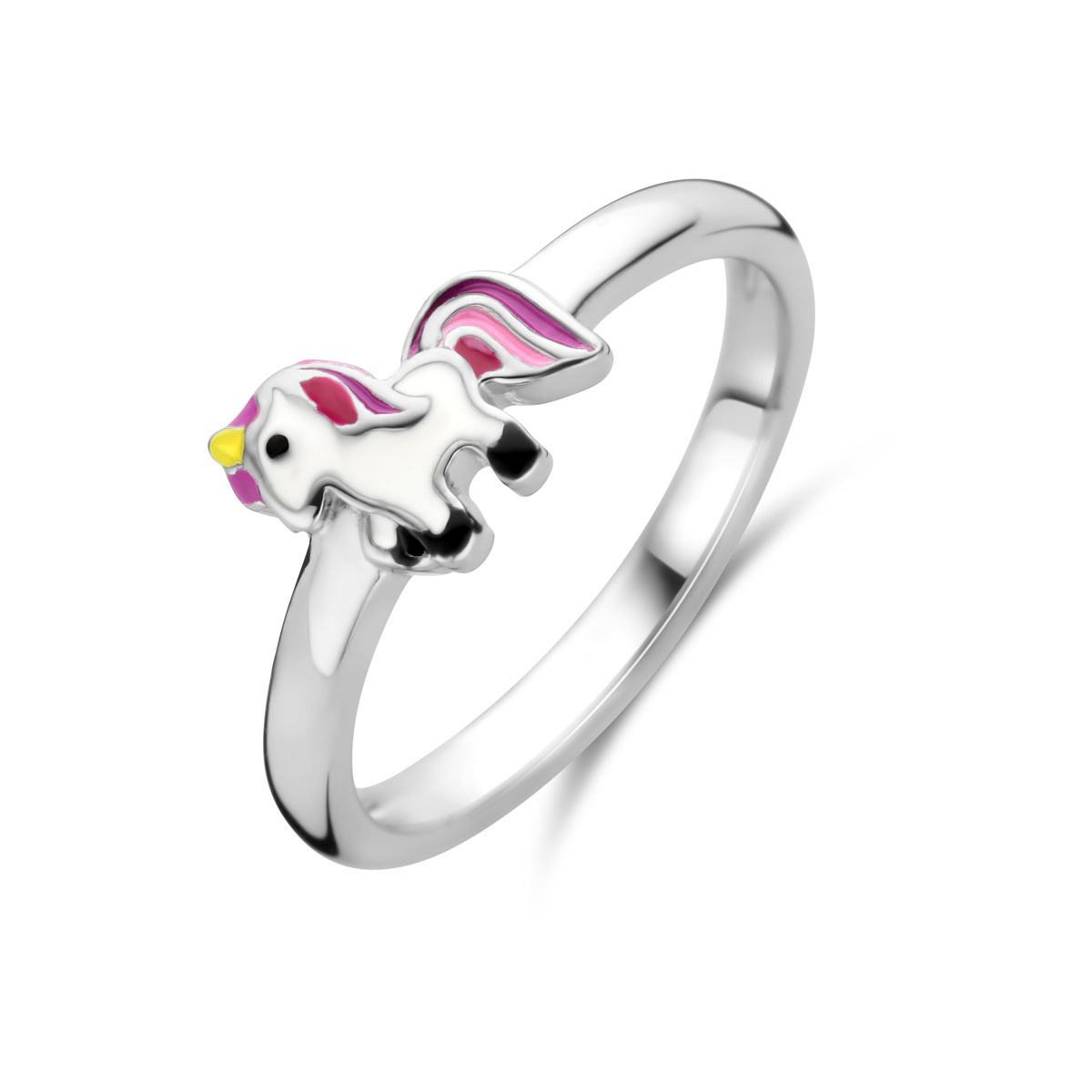 Gerhodineerd 925 zilveren ring uitgevoerd met een eenhoorn. De ring heeft een breedte van 7mm.
