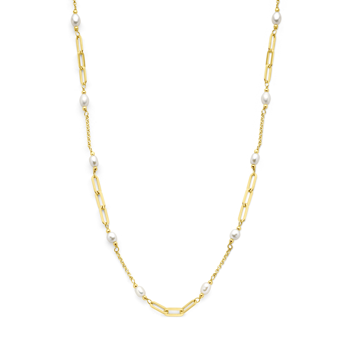 Verguld op 925 zilveren collier uitgevoerd met zoetwaterparels. Het collier heeft een draaglengte van 42cm met 3cm extensie en is uitgevoerd met karabijnsluiting. De schakelbreedte is 4mm. Geen garantie op de plating.