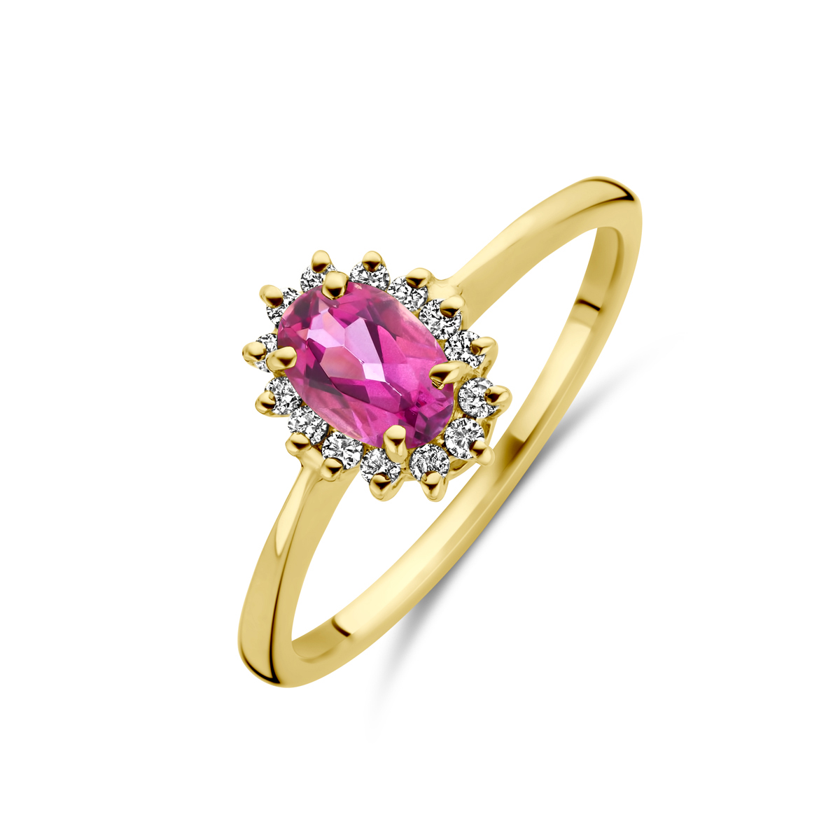 14k Geelgouden ring uitgevoerd met roze topaas en diamant. De ring heeft een afmeting van 9x7mm. Het diamantgewicht is 0.11ct.