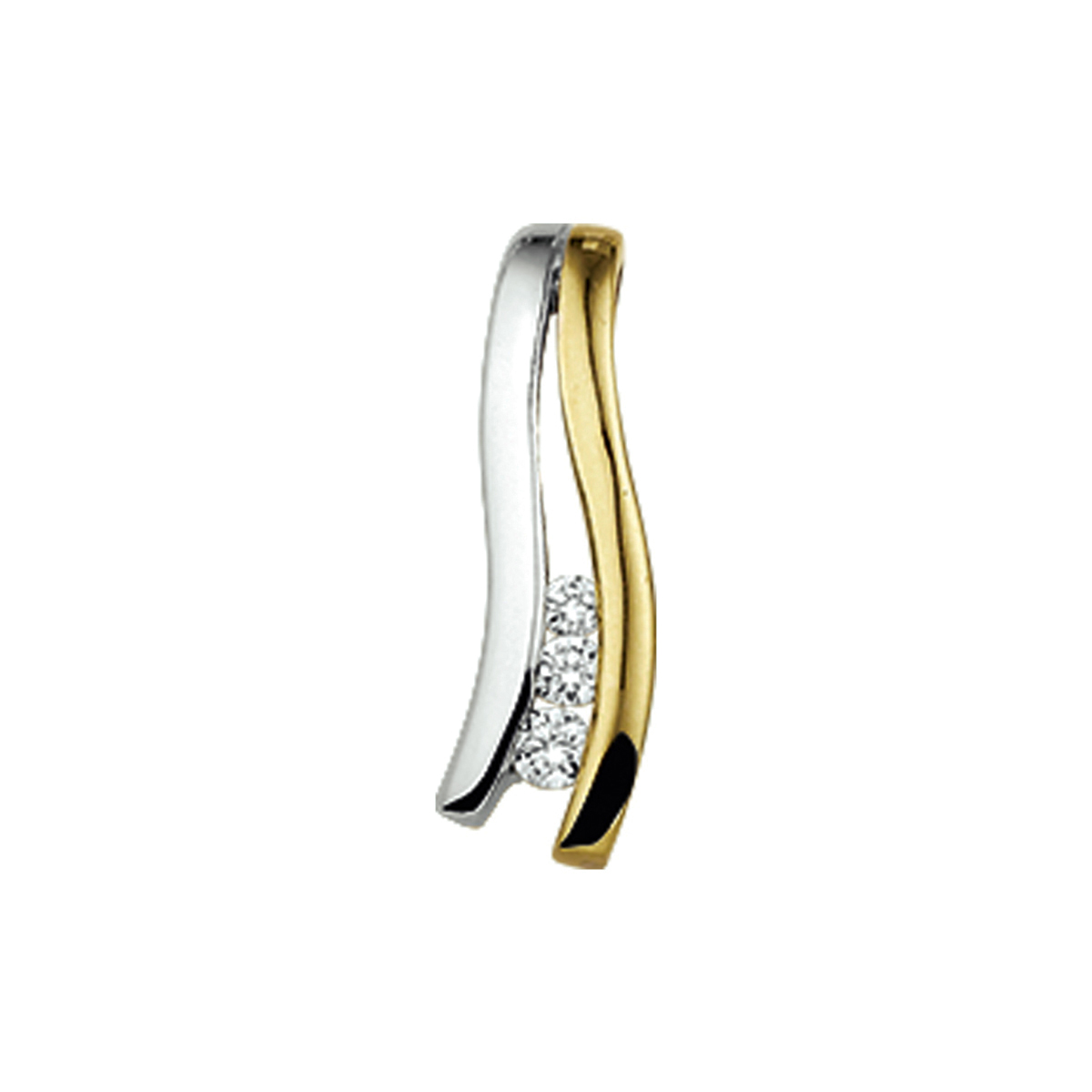 Beschrijving: Bicolor wit- en geelgouden hanger met diamant. 
Verpakt per: 1
Doelgroep: dames
Breedte: 5 mm
Hoogte: 16 mm