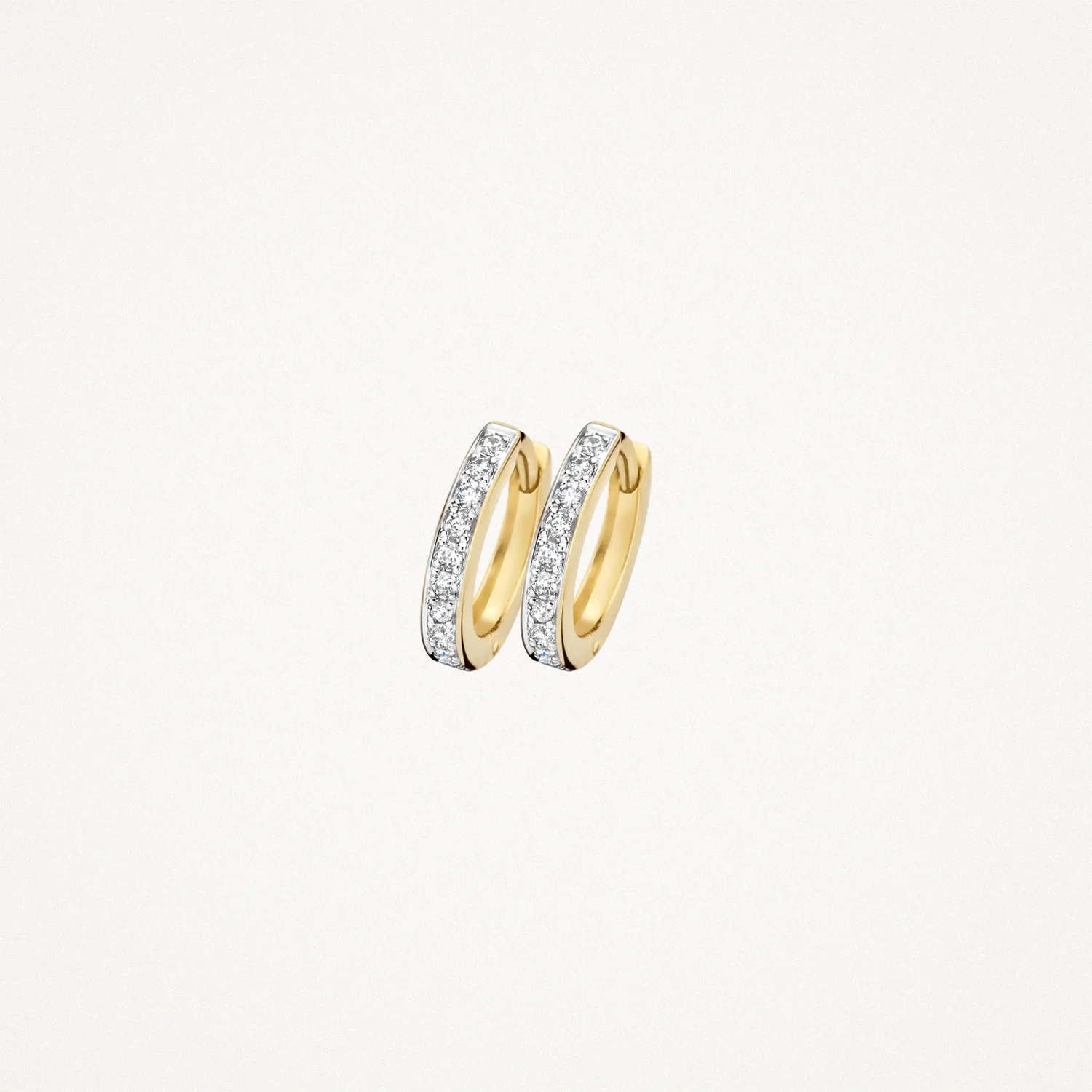 Deze geel gouden oorringen zijn verrijkt met witte briljant geslepen Zirkonia’s aan de voorzijde waardoor de oorbellen een bicolor uitstraling hebben. Draag ze solitair als glanzende blikvangers of gecombineerd met een Zirkonia collier. Ga je voor een glamour look, dan kun je deze oorbellen combineren met onze oorbedels.