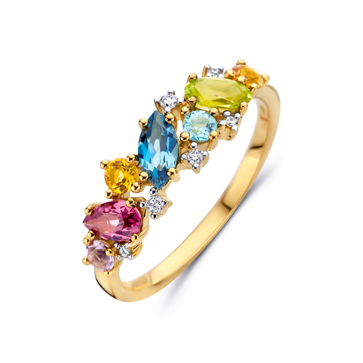 14k Geelgouden ring uitgevoerd met schitterende edelstenen en diamant. De ring heeft een breedte van 6.0mm. De stenen zijn: amethist, London blue topaas, peridot, roze rhodoliet, citrien.