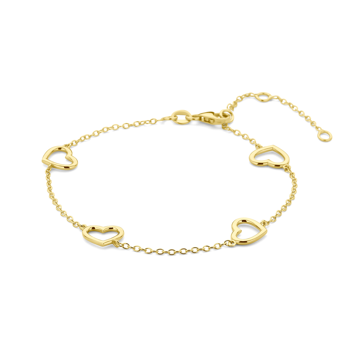 14k Geelgouden armband uitgevoerd met hartjes. De armband heeft draaglengtes van 16, 17.5 en 19cm en is uitgevoerd met karabijn sluiting.