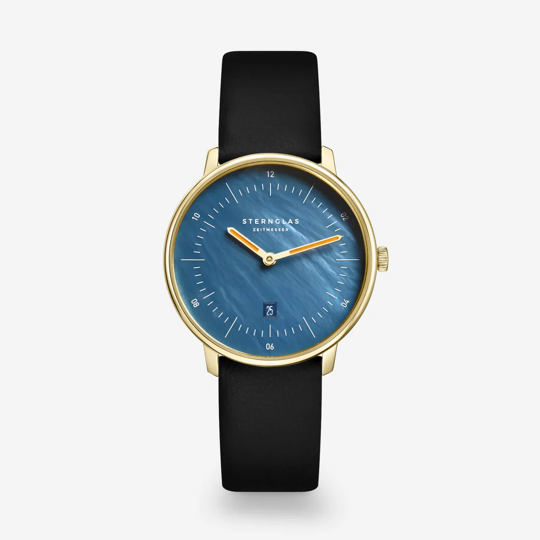 Mooi dameshorloge met blauwe parelmoer wijzerplaat en oranje wijzers, zwart leren band.