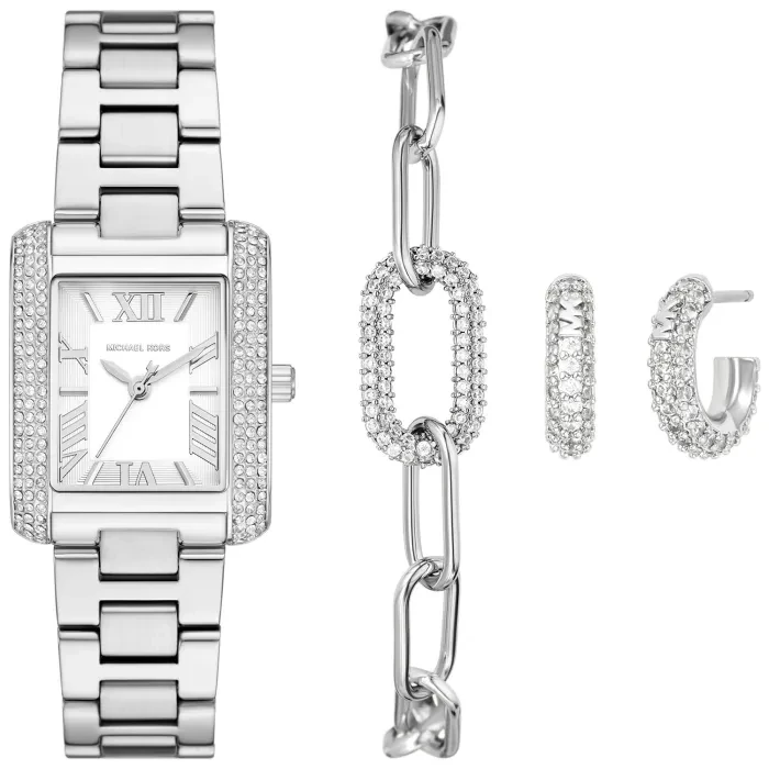 Dit Michael Kors Horloge set bevat een prachtige oorknoppen en armband die perfect bij elkaar passen. Het horloge heeft een stijlvol design met zirkonia steentjes voor een extra touch of glamour. Draag de set samen voor een complete en luxe uitstraling, of mix en match met andere sieraden voor een persoonlijke look. Een must-have voor elke fashionista!