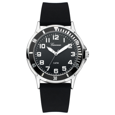  Leuk KINDERHORLOGE uit de GARONNE kidscollectie. Het horloge is voorzien van een ZILVERKLEURIGE, stalen kast met een afmeting van 35 mm met ZWARTE wijzerplaat waarop wijzers en index. De ZWARTE, siliconen horlogeband sluit door middel van een gespsluiting. In de GARONNE horlogecollectie vindt u meer leuke horloges voor jongens en meisjes in verschillende kleuren en designs.