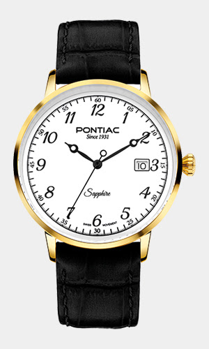 Pontiac heren uurwerk met lederen band kast geel goud kleurig