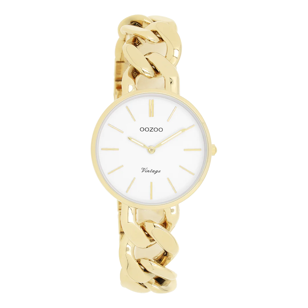 De klassieke look blijft centraal staan in deze trendy serie en daarom is dit OOZOO vintage ronde design met een speelse knipoog dé musthave van het seizoen! Dit dames horloge is de perfecte combinatie van comfort en fashion met zijn 32 mm goudkleurige metalen horlogekast en witte wijzerplaat. De wijzerplaat heeft goudkleurige strepen tijdsaanduidingen en bijpassende kleurige wijzers. De goudkleurige grove schakelarmband maakt dit horloge tot een trendy accessoire dat je elke dag kunt dragen. Dit horloge voegt de sprankeling toe aan je outfit. Het mineraalglas ligt in een 6,9 mm dunne metalen horlogekast met IP-plating. De C20357 heeft een stainless steel achterplaat en is nikkel-safe. Dit horloge heeft een 2ATM Japans uurwerk en wordt gedekt door een garantie van 2 jaar