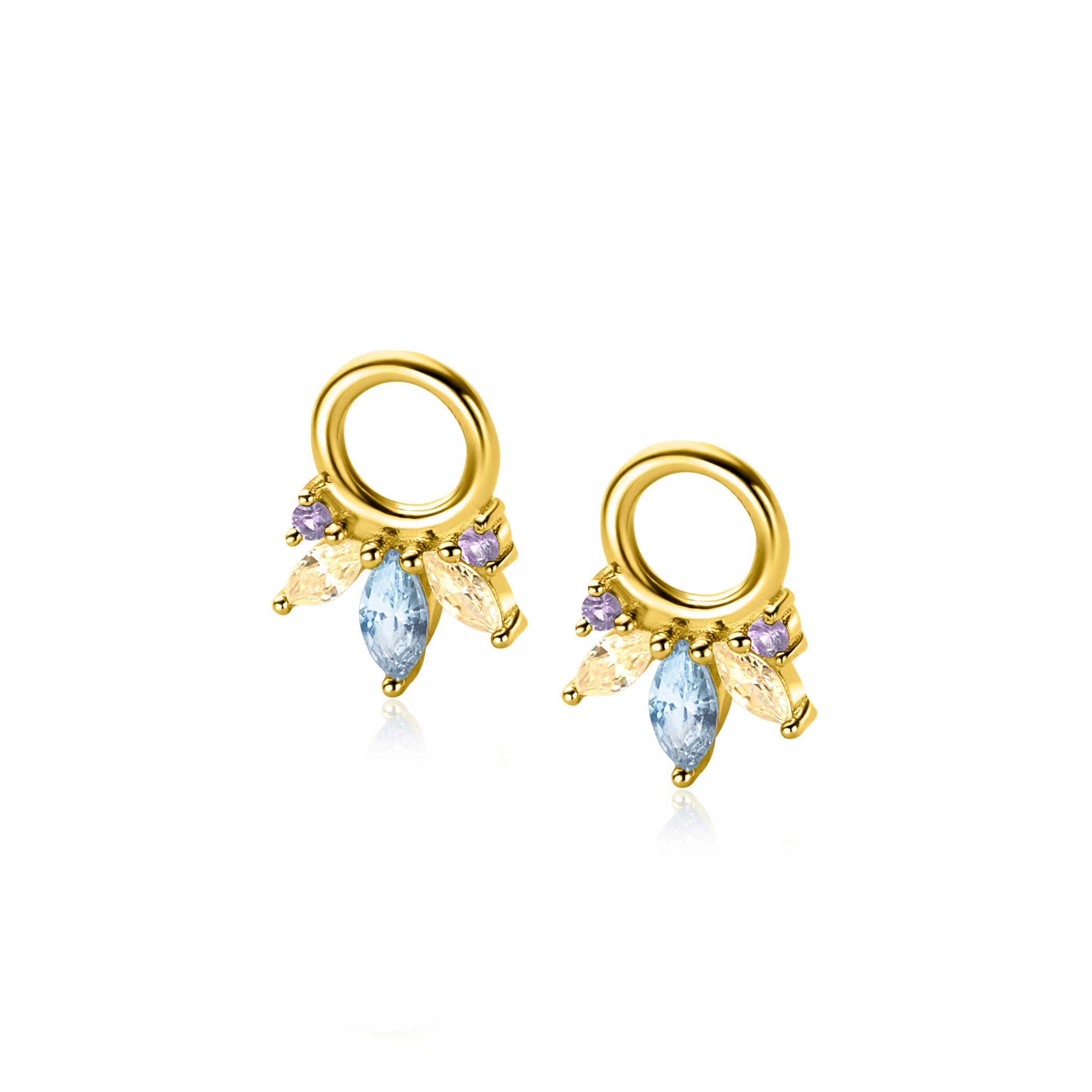 ZINZI gold plated zilveren oorbedels (10mm) met vijf speelse zettingen in aflopende grootte, bezet met paarse, champagne en blauwe kleurstenen. Hang deze oorbedels sierlijk aan je zilveren ZINZI oorringen voor een mooi effect. De oorringen zijn niet bij de prijs inbegrepen. Vervaardigd van eerste gehalte zilver (925) en extra geel verguld.