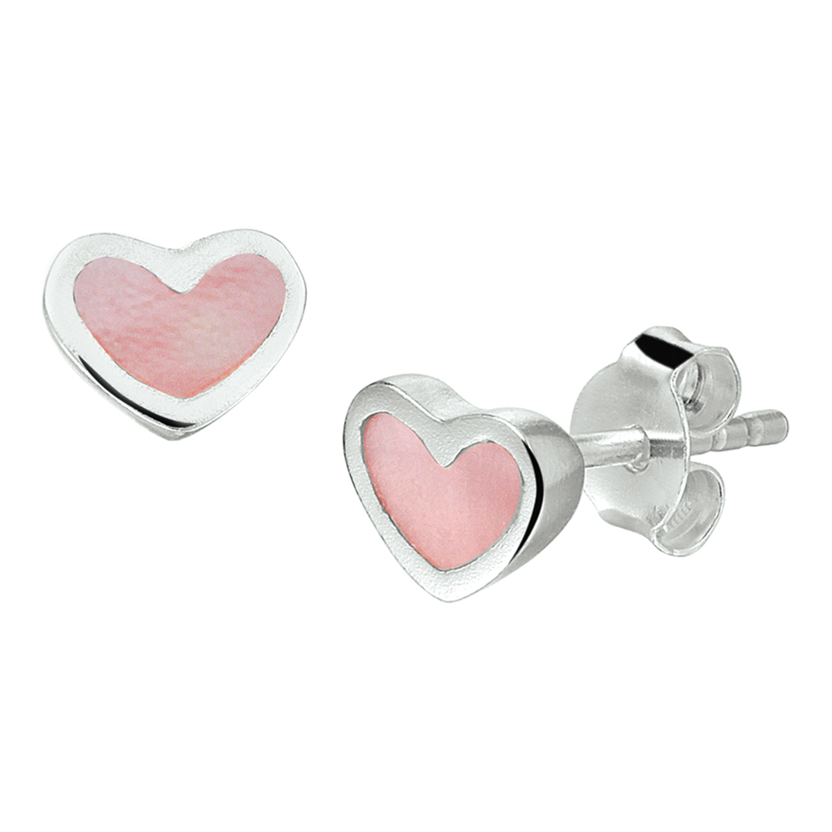 Zilveren oorknoppen met emaille roze hart van 5.5 x 7 mm.