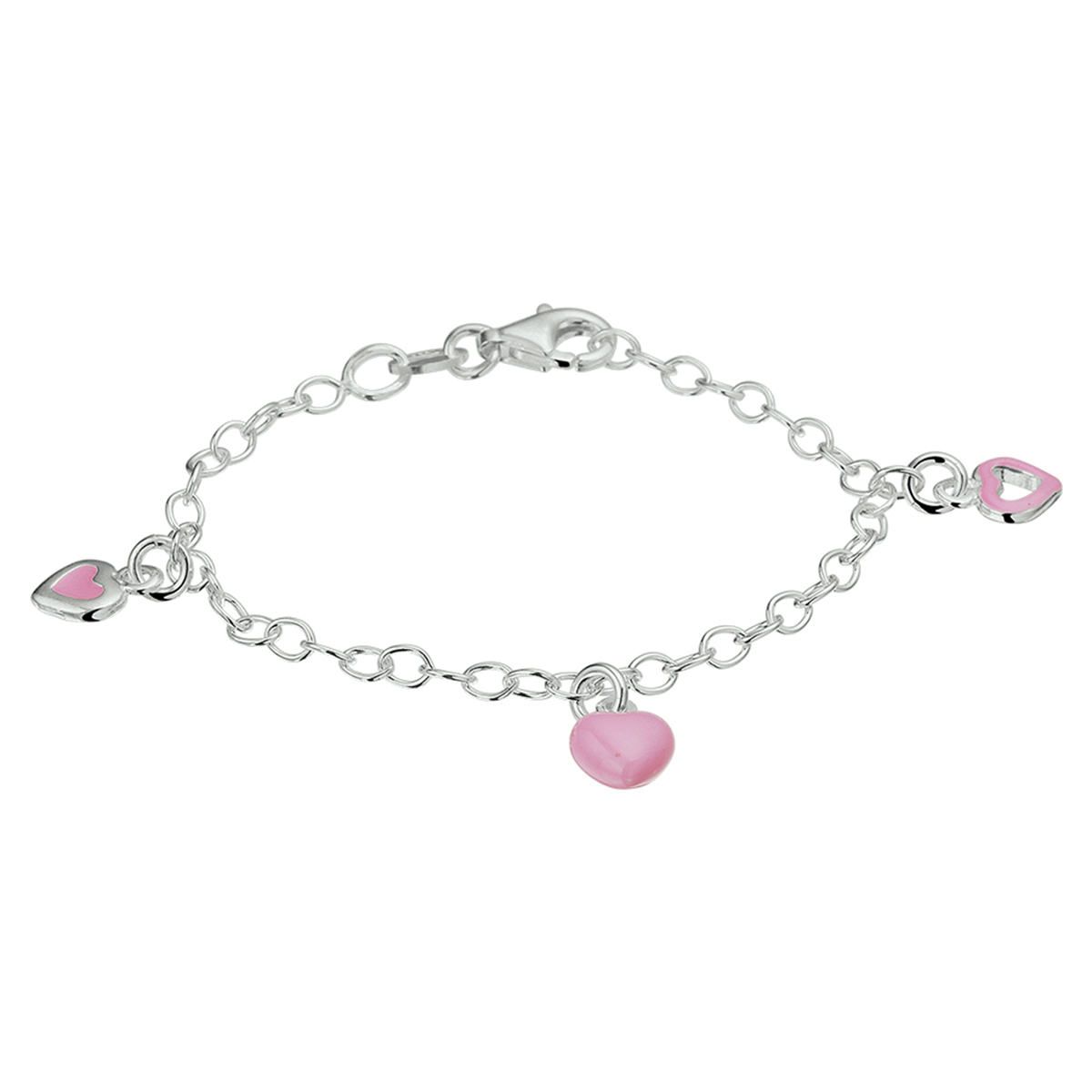 Zilveren armband met 3 hartjes van emaille. 
