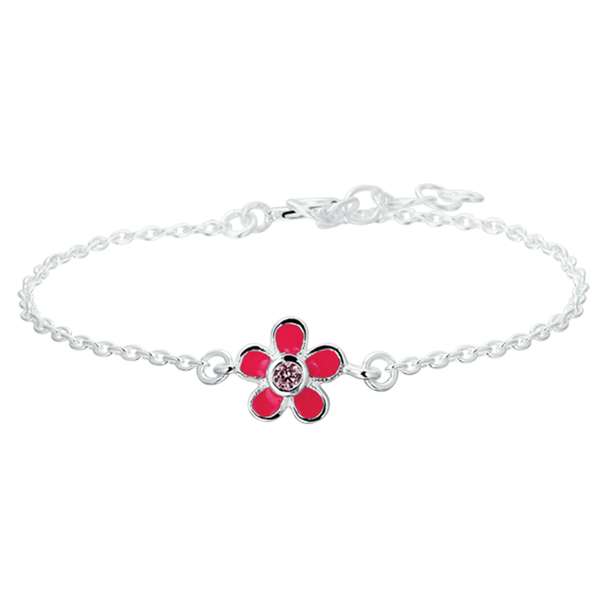 Beschrijving: Zilveren armband met een bloem van roze emaille en zirkonia. De lengte bedraagt 13cm met 2cm extensie. 
Doelgroep: kinderen
Breedte: 1.4 mm
Kortste lengte: 13 mm
Langste lengte: 15 mm
