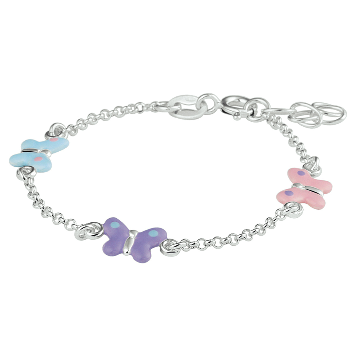 Beschrijving: Zilveren kinderarmband uitgevoerd met 3 kleurrijke vlinders. De lengte bedraagt 13cm met 2cm extensie en de schakelbreedte is 1.7mm.
Doelgroep: kinderen
Breedte: 7 mm
Kortste lengte: 13 mm
Langste lengte: 15 mm