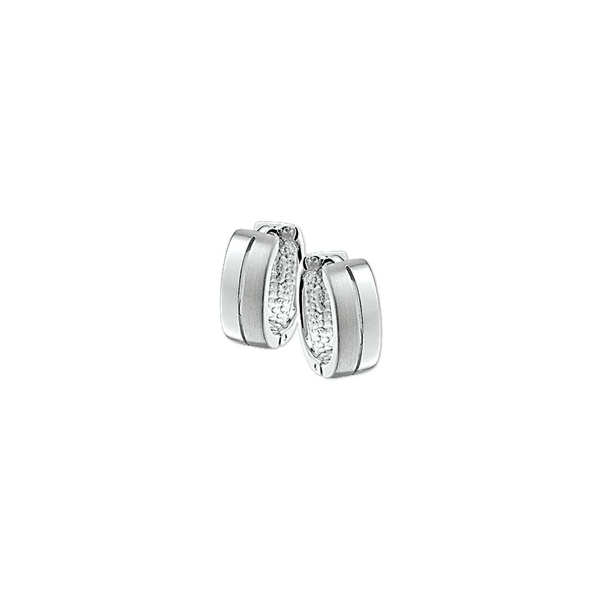 Beschrijving: Gerhodineerd zilveren klapcreolen met een poli/matte afwerking. 
Doelgroep: dames
Breedte: 5 mm
Hoogte: 12.5 mm