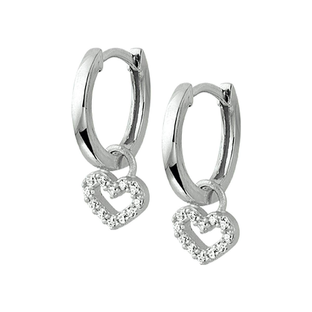 Gerhodineerd zilveren oorhangers met een afmeting van 12.9x1.6mm uitgevoerd met een hart van 5.8x7.2mm vol met een rijzetting van briljant geslepen zirkonia.