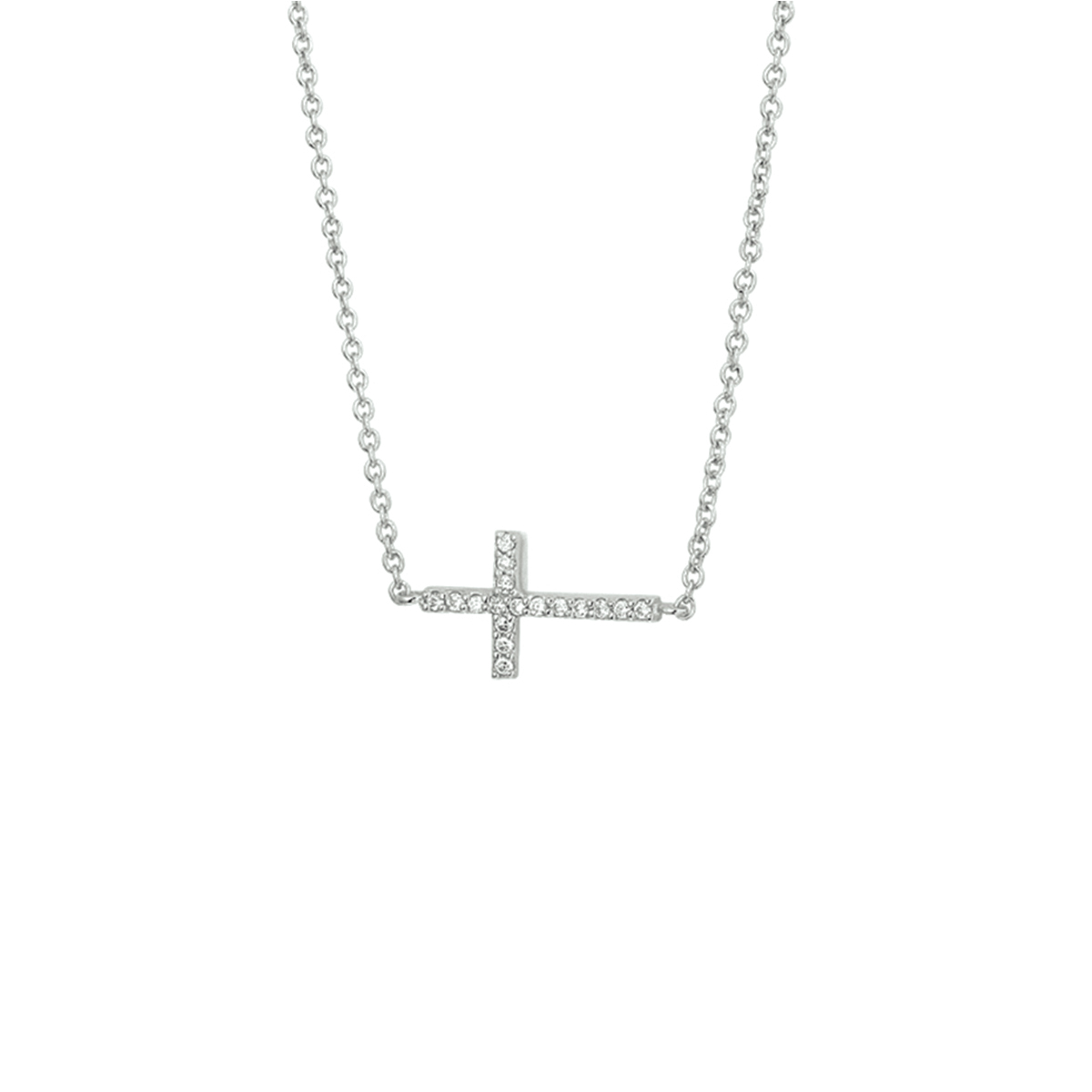 Beschrijving: Gerhodineerd zilveren collier met een kruis van zirkonia. De lengte van het collier bedraagt 41cm met 4cm extensie. De schakelbreedte bedraagt 1.3mm. 
Doelgroep: dames
Breedte: 15 mm
Kortste lengte: 41 cm
Langste lengte: 45 cm
Hoogte: 9 mm