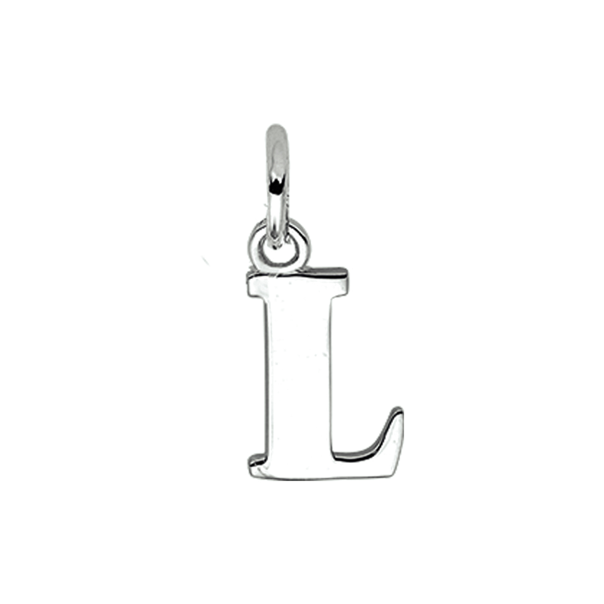 Beschrijving: Gerhodineerd zilveren hanger letter L met een hoogte van 12.5mm en een breedte van 7.5mm